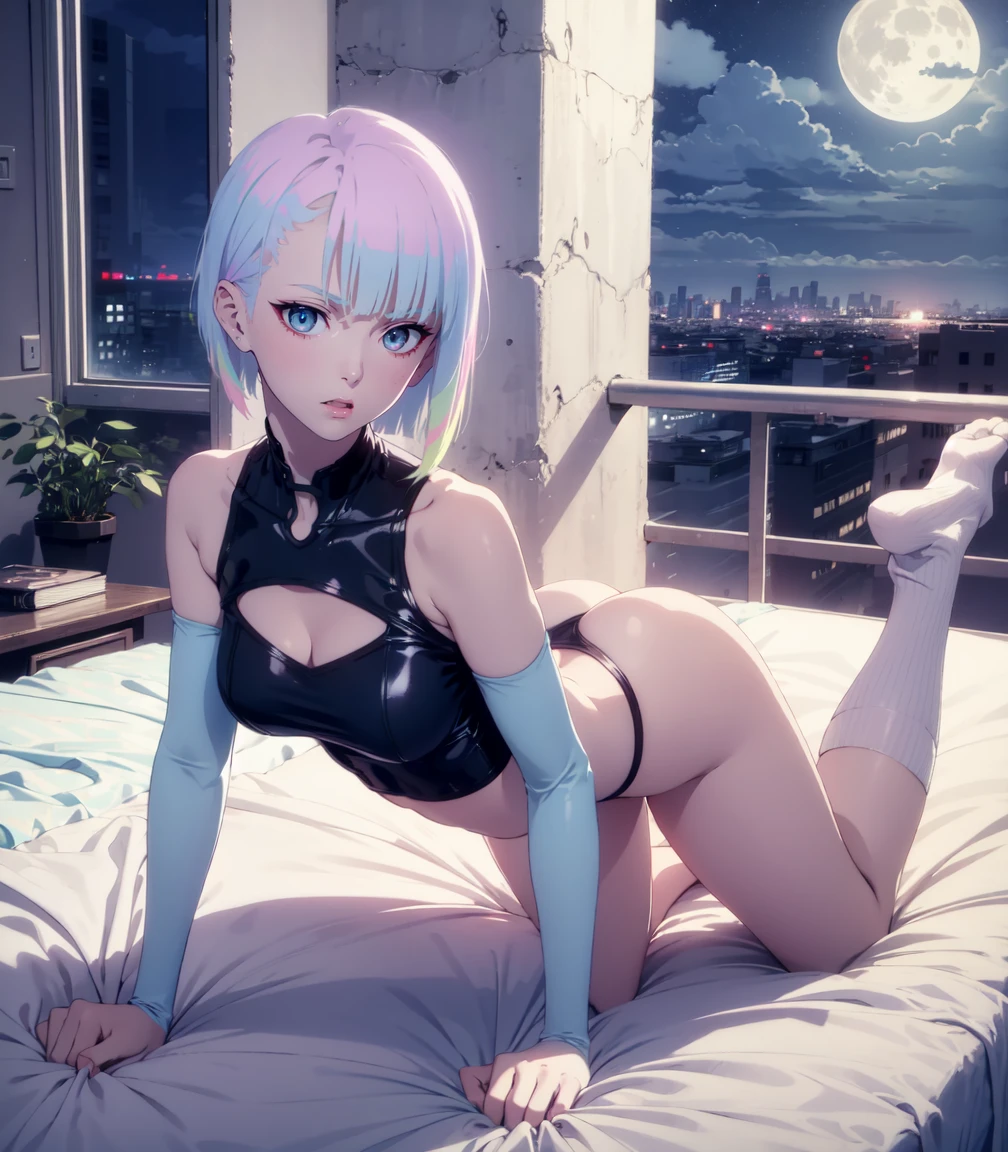 Masterpiece, best quality, extremely detailed artwork, award winning.
(hyper-realistic:1.4)
(full body:1.5), (Night, night time:1.4)
cyberpunklucy, lucy, short hair, bangs, blue eyes, blue hair, multicolored hair, makeup, multicolored eyes
NSFW, on a bed, on stomach, ass up,
Indoors, bedroom, city, moon, night, sky, clouds