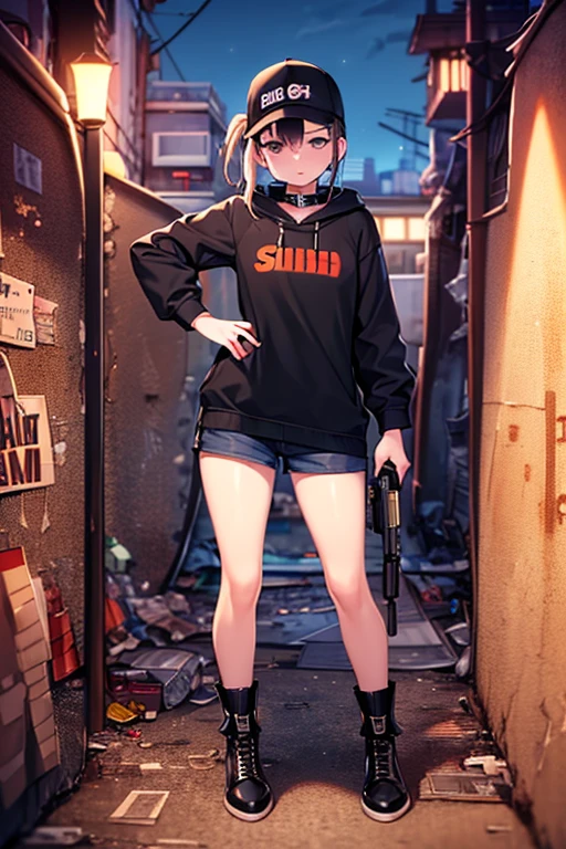 masterpiece, extra limbs,(1girl),16years old,(black ponytail), slant eyes, blank navy eyes,(medium breasts, small nipples, small areolas),pale white skin athlete skinny body,sullen,(standing against the wall),((clothed killer,black hooded sweatshirt,hot pants,black boots)),(have a gun),((slum alley,night:1.8)),collar,full body,pov