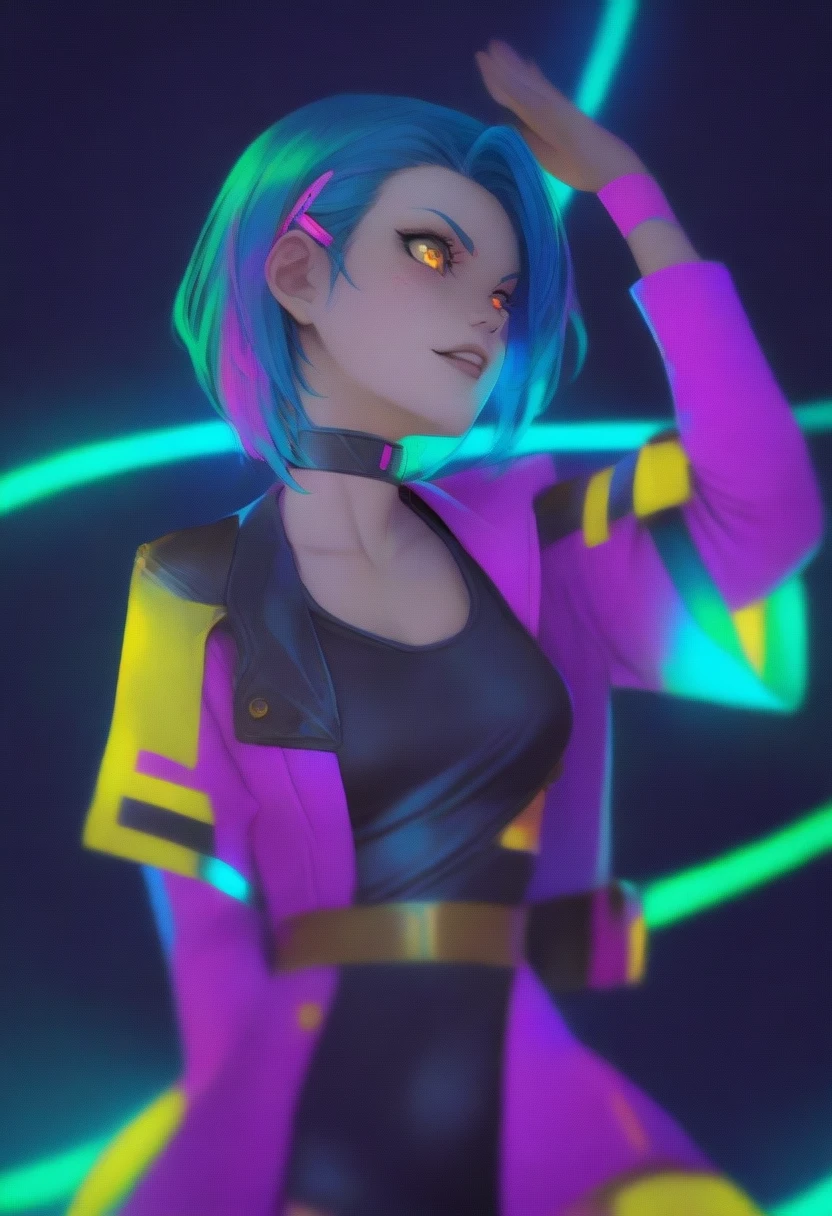 girl, close up, dark background ,solarpunk , awesome costume ,jacket , random pose , random hair