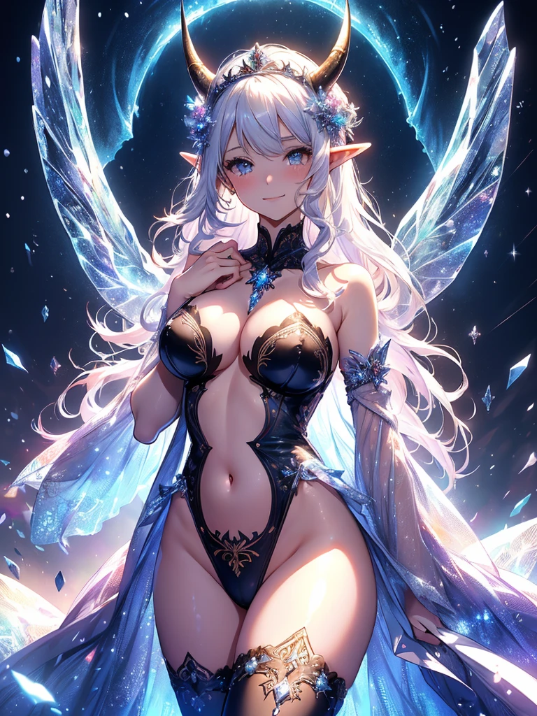 最high quality、最high quality、1 woman elf、Succubus、Stand against a wall(( cowboy shot ))((full body stocking))'((see-through body stocking))、Beautiful eyes、tears、Raise your arms behind your head、Beautiful decoration、、Ice tiara、、A world made of ice、最high quality , Fractal Art.Ice Throne、ice World、Bikini、beautiful big ass、　((Laugh beautifully、))((Glowing ice　))SMqueen、Beautiful face、orgasm、Ecstasy、Beautifully decorated stockings、Devil's World、Ice crystals、Crystal of snow、Ice wall、ice World、Bigger on the front、 Beautiful shine,High-definition depiction, Realistic, 8K, Unity, Beautiful thighs,,Giant Devil's Wings、Rainbow-colored wings、、 light smile, Beautifully and vividly drawn, , beautiful beautiful透き通る肌、The magic of shining beautiful decoration、Giant horns、 demon king、、Beautiful decorationの角、 , beautiful、 Romanticism,mosquito。 The most beautiful form of chaos, Mr..々 Intertwined flowers, P article,Magical gentle light,smile,,image quality、masterpiece、Beautiful face、Super beautiful elf woman((Big breasted 22 year old office lady、Bust 120,Beautiful long ironed hair、Silver Hair、height: 165cm。、Esbian、、high quality、、Visual Arts、最high quality、1 woman elf NP: Worst quality ,beautiful Fractal Art　、、、light、Beautiful radiance,High-definition depiction, Realistic, 8K, Unity, , light smile, Beautifully and vividly drawn, , Beautiful, beautiful, clear skin、 Countless rays of light pouring down, Swirling Light, big background, , Intense light is emitted from the magic circle in front of the girl. Romanticism,Cowboy Shot: 最high quality　　