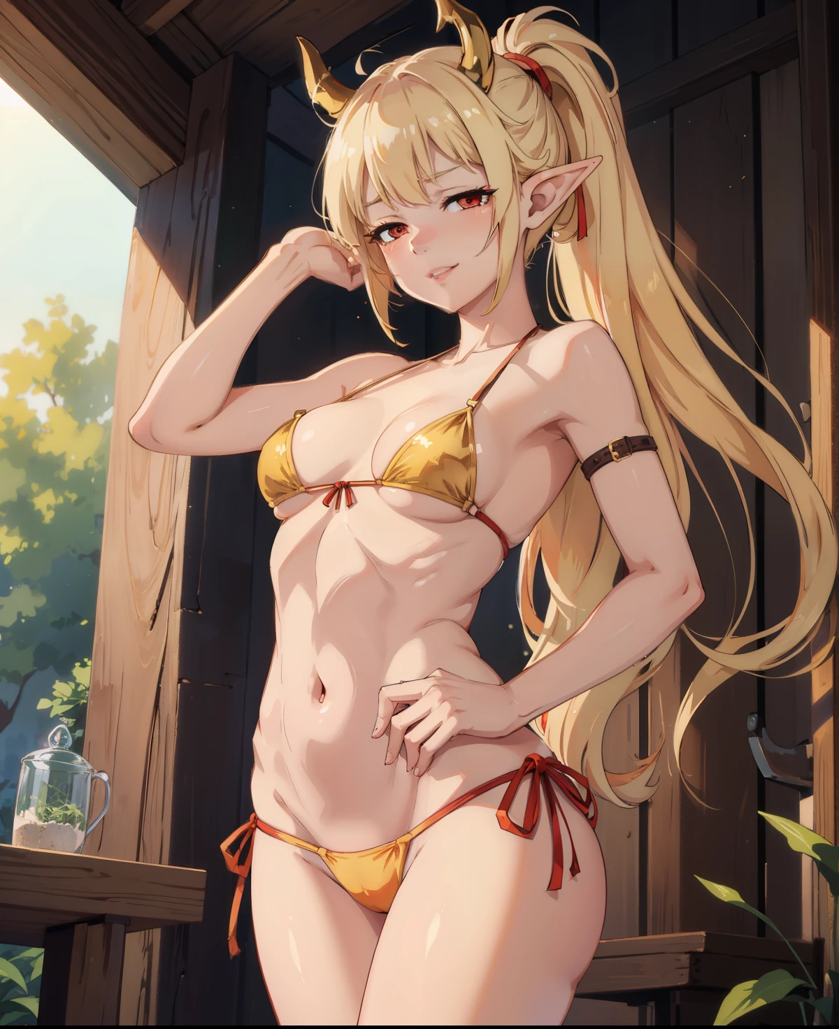 Demon girl, elf ears, blonde, red eyes, demon horns, ((long ponytail, long bangs, golden hair)), glow aura, natural light, realistic skin, realistic light shading, smileglow aura, sexy, hot, (microbikini, tight bikini, straps), (small breast, small waist), perfect vulva, flat abdomen, , (shy, blushing), fantasy girl, in a magical forest, sexy pose, sexy look, juicy lips, high detailed art, masterpiece, golden proportion, golden ratio, (strap bikini), lewd expression, perfect face, ero, red eyes, cute smile, seductive girl, juicy pink lips