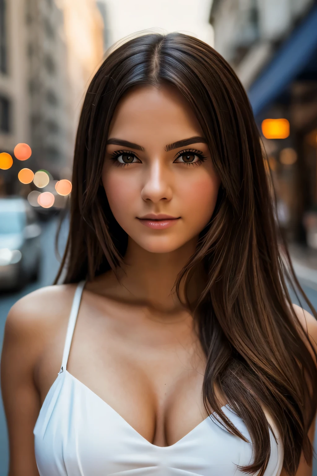 photography of stunning girl, in the city, enjoying, girl, summer, hot girl, (((small bust))), brunette hair, long_hair, looks into the camera, symmetrical face, photorealistic, photography, spectacular lighting,, gorgeous, cleavage, western, (masterpice), best quality, high resolution, extremely detailed, skin with pores, blurred background, depth of field, cinematic lighting