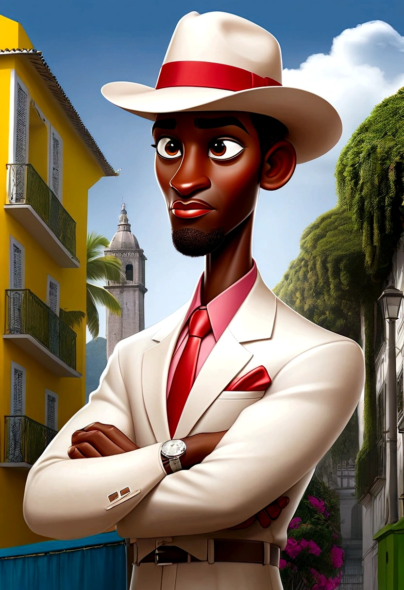 Create a poster image for a retro-themed poster. The art of sketches, pen doodles should have a textured background with pastel colors and a drawing of a black man in a white suit and stylish red tie with a panama hat. Add retro graphic elements from images of Rio de Janeiro such as the lapa arches, cable car, sugar loaf that are tourist attractions in Rio de Janeiro to complement the design.