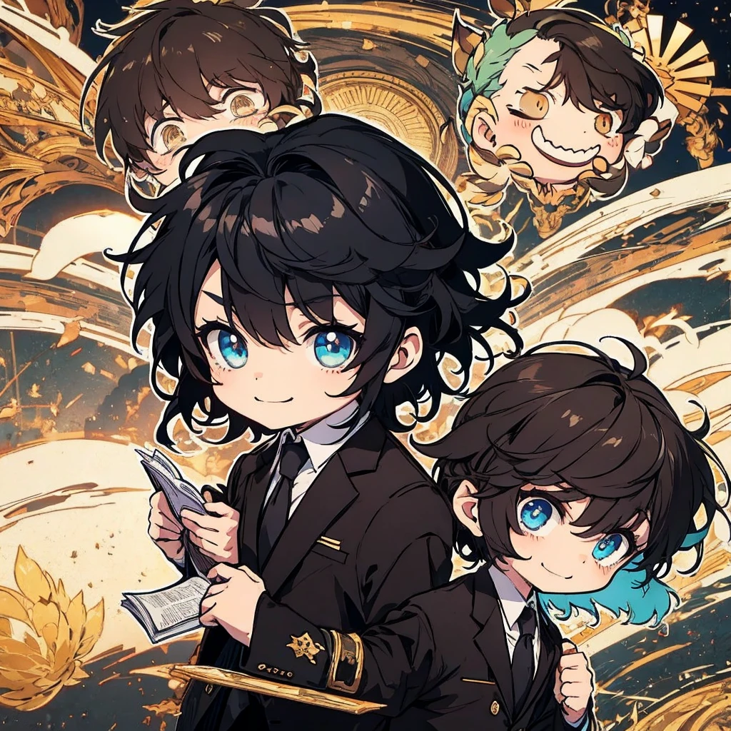 best quality , man , reading , chibi anime man , smile , black hair , suit , solo