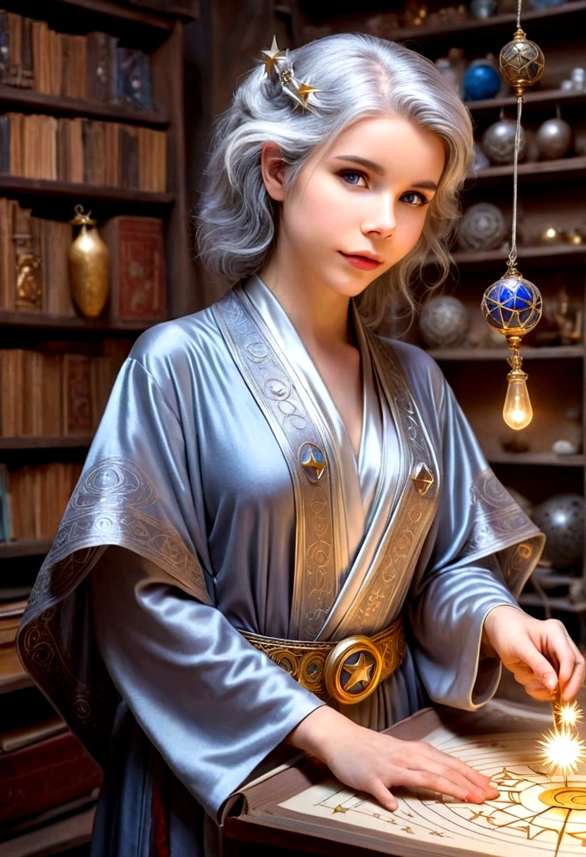 A cute young woman (gray haired) (mystical robes with intricate star designs) is in her workshop with many star observation tools and a huge tome of astrological signs before her