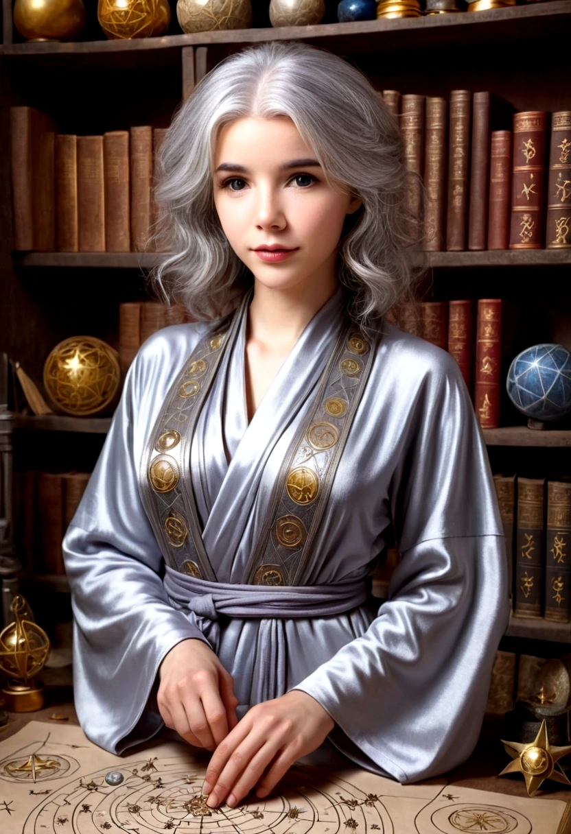 A cute young woman (gray haired) (mystical robes with intricate star designs) is in her workshop with many star observation tools and a huge tome of astrological signs before her