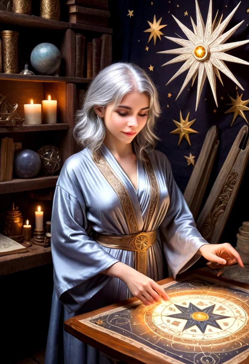 A cute young woman (gray haired) (mystical robes with intricate star designs) is in her workshop with many star observation tools and a huge tome of astrological signs before her