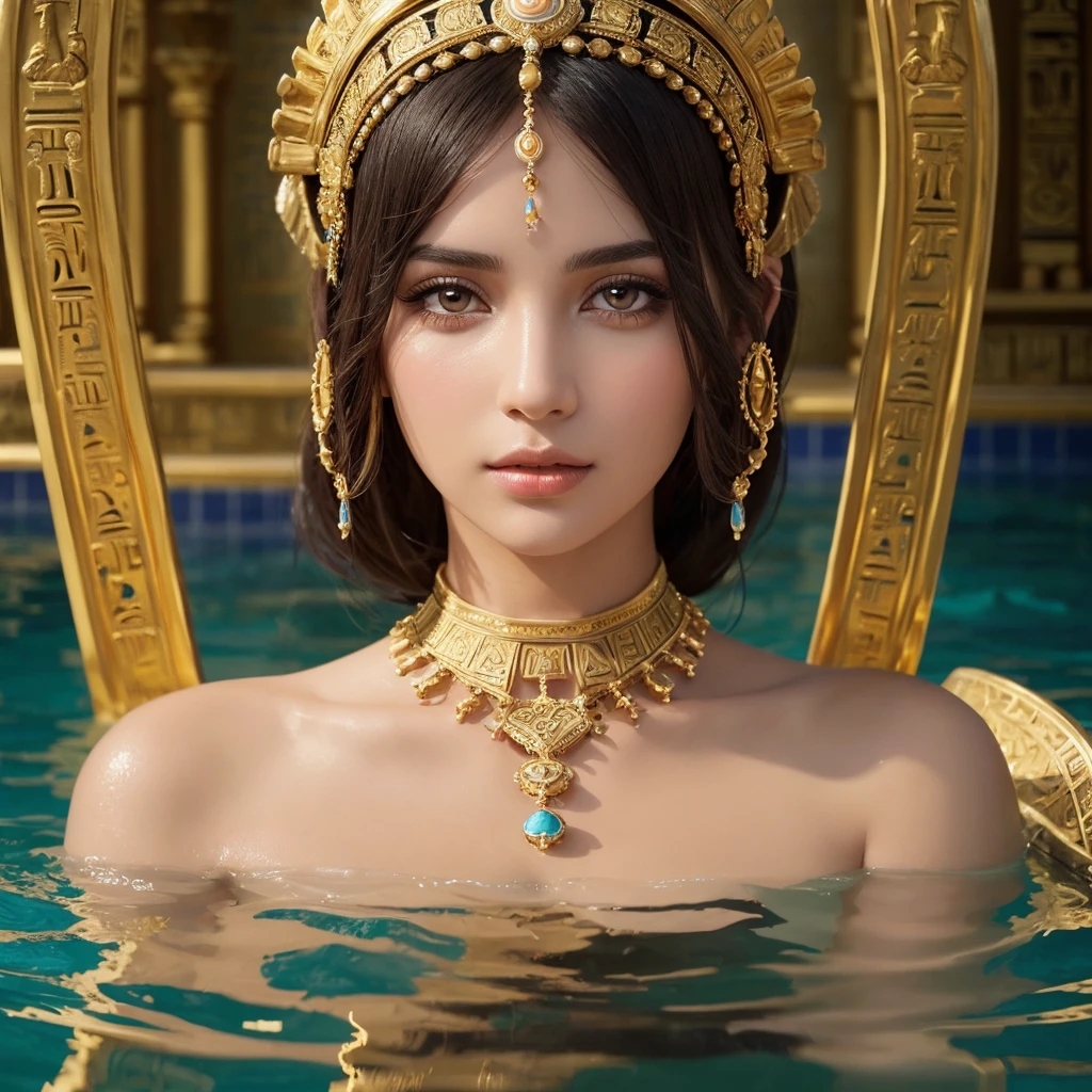 1girl, cleopatra, sitting on the edge of the bathing pool, in the palace, egypt, beautiful detailed eyes, beautiful detailed lips, extremely detailed face and features, long eyelashes, intricate jewelry, ornate headdress, flowing dress, rippling water, marble architecture, dramatic lighting, golden accents, warm color palette, photorealistic, masterpiece, high resolution, hyper detailed