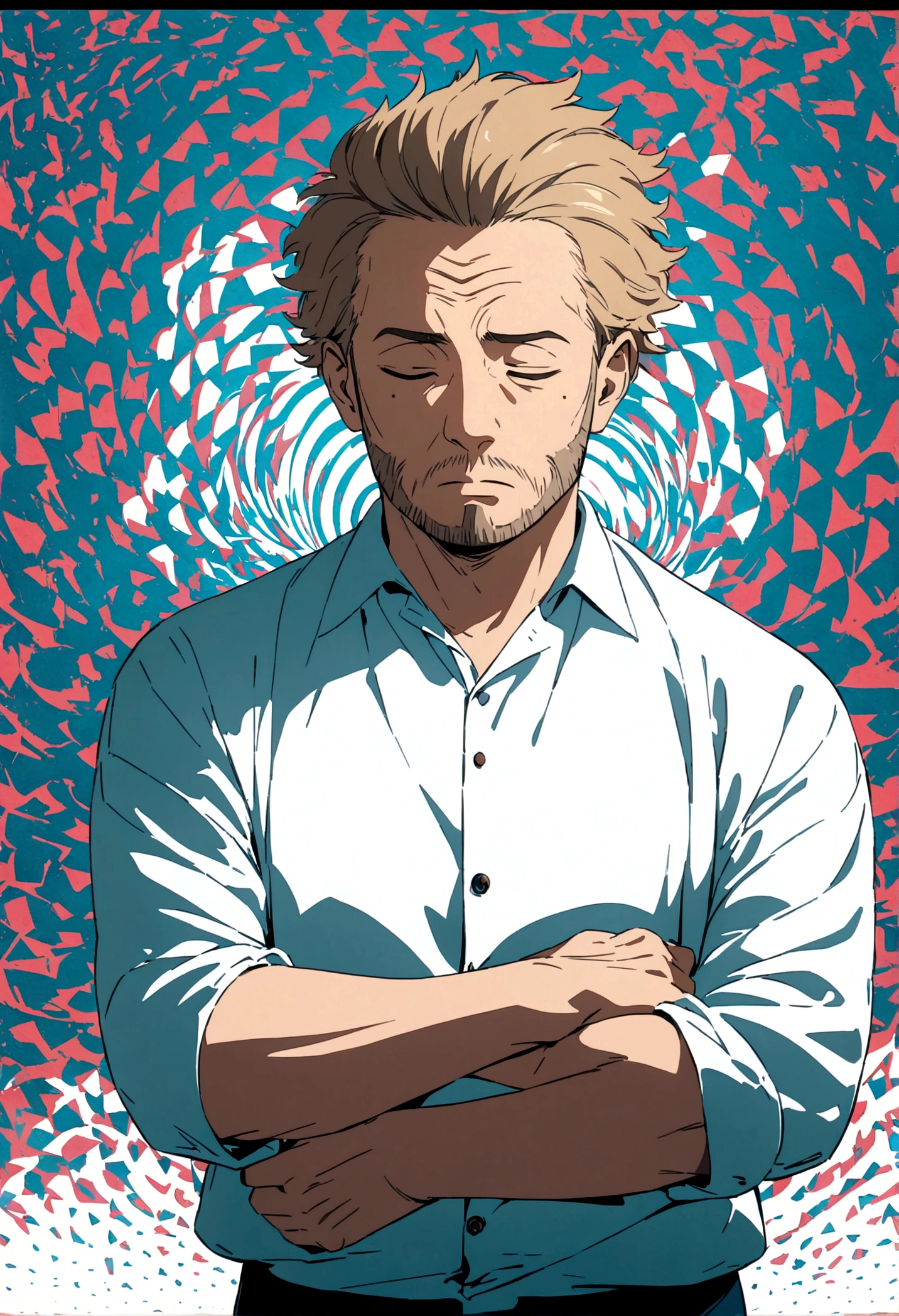 middle-aged man, short hair, estilo anime, light brown hair, mole under eye, sleepy, facial hair, forehead, cowboy shot, Conceptual art, Op art, anime, masterpiece, accurate, 1080P, 4K