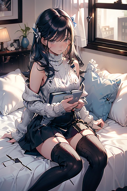 1girl, solo, long hair, looking at viewer, blush, bangs, blue eyes, long sleeves, bow, sitting, closed mouth, collarbone, jacket, hair bow, grey hair, thighs, frills, open clothes, indoors, hood, legs, book, bare legs, window, bed, on bed, stuffed toy, pink bow, blue jacket, pajamas, slippers, bedroom, izumi sagiri, anime, black eyes, long black hair with square bangs, very long black hair, super long black hair, skirt and stockings, ((black thigh highs)), ((garter)), adult, hourglass figure, nerdy, bed, books, PC desktop, laptop, (happy), (((ribbed white sweater)))