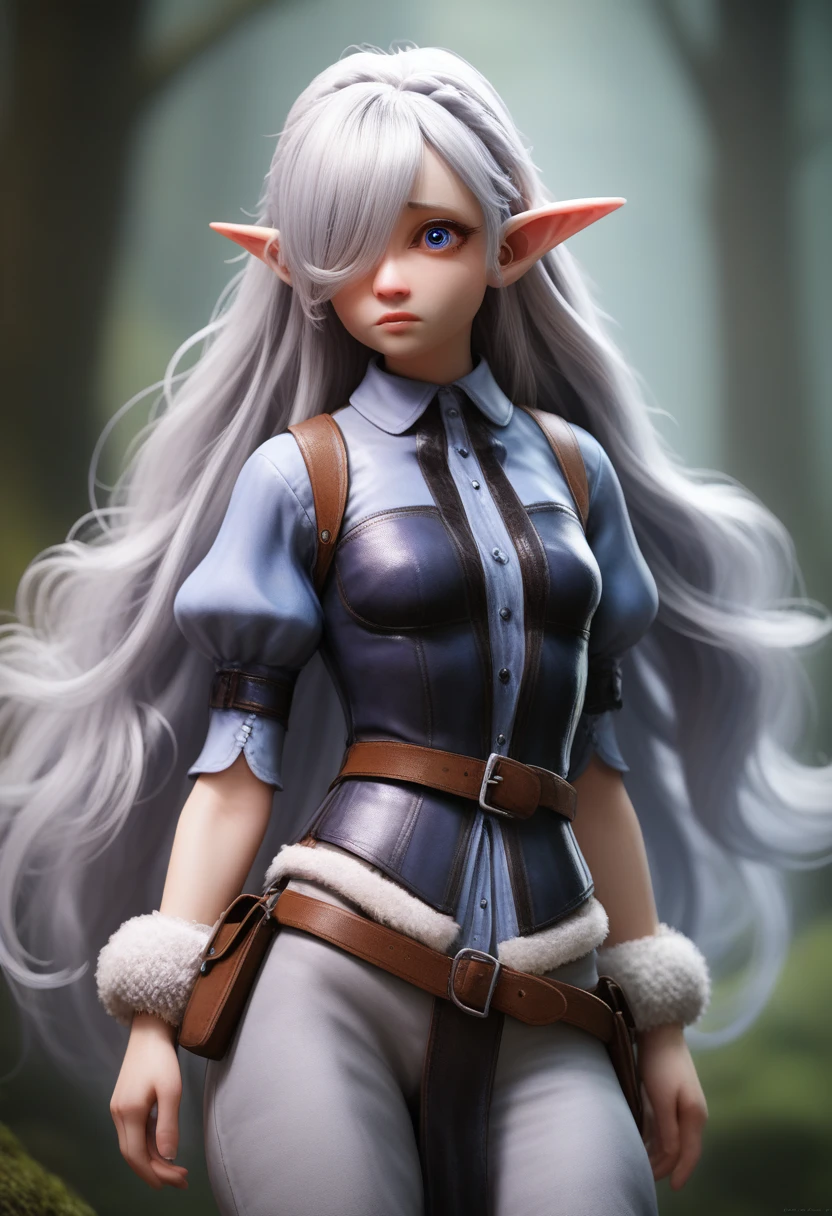 a girl with pale skin, short stature, very long wavy silver hair covering one eye, small breasts, pouty lips, and bright blue anime-style eyes with long lashes, wearing a corset, white puffy long sleeved shirt, and puffy cloth pants, leather bound boots, set in a windy fantasy landscape, (best quality,4k,8k,highres,masterpiece:1.2),ultra-detailed, dungeons and dragons, long elf ears, small girl, detailed skin and cloth textures, cute detailed face, intricate details, extremely detailed, 1girl, dynamic pose with hair covering one eye, shy personality, puffy cloth pants with leather belt, detailed privateer outfit, detailed buccaneer outfit, pouch on belt, wearing ornate leather armor with fur trim, silver inlay detail, wearing fur trimmed boots, wearing fur trimmed gloves, short, short height, halfing girl, small girl, very long detailed flowing hair, big head, big round eyes, windy, wind blown hair, wirey muscles, fighter, dynamic angle