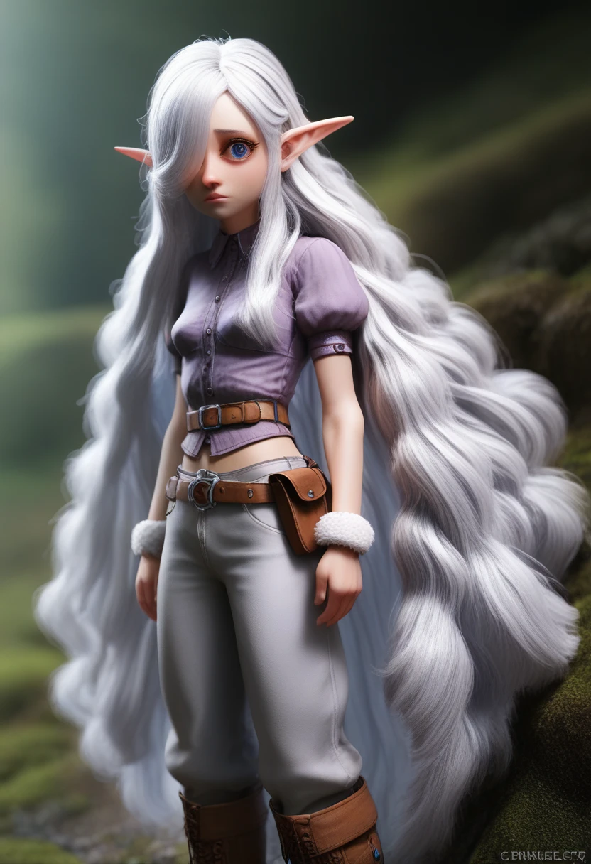 a girl with pale skin, short stature, very long wavy silver hair covering one eye, small breasts, pouty lips, and bright blue anime-style eyes with long lashes, wearing a corset, white puffy long sleeved shirt, and puffy cloth pants, leather bound boots, set in a windy fantasy landscape, (best quality,4k,8k,highres,masterpiece:1.2),ultra-detailed, dungeons and dragons, long elf ears, small girl, detailed skin and cloth textures, cute detailed face, intricate details, extremely detailed, 1girl, dynamic pose with hair covering one eye, shy personality, puffy cloth pants with leather belt, detailed privateer outfit, detailed buccaneer outfit, pouch on belt, wearing ornate leather armor with fur trim, silver inlay detail, wearing fur trimmed boots, wearing fur trimmed gloves, short, short height, halfing girl, small girl, very long detailed flowing hair, big head, big round eyes, windy, wind blown hair, wirey muscles, fighter, dynamic angle