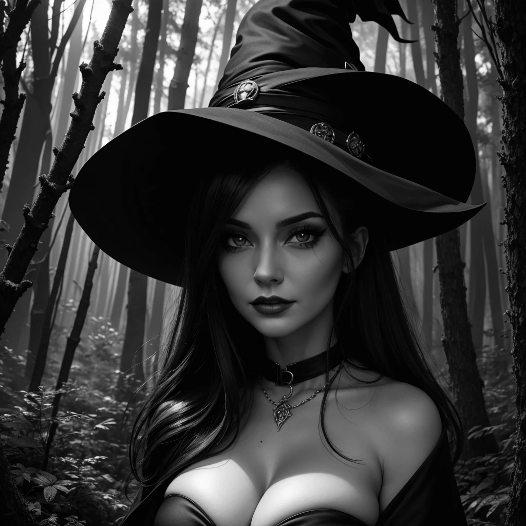 give a 4k black and white closeup of a scarry and sexy witch in a dark mystical forest