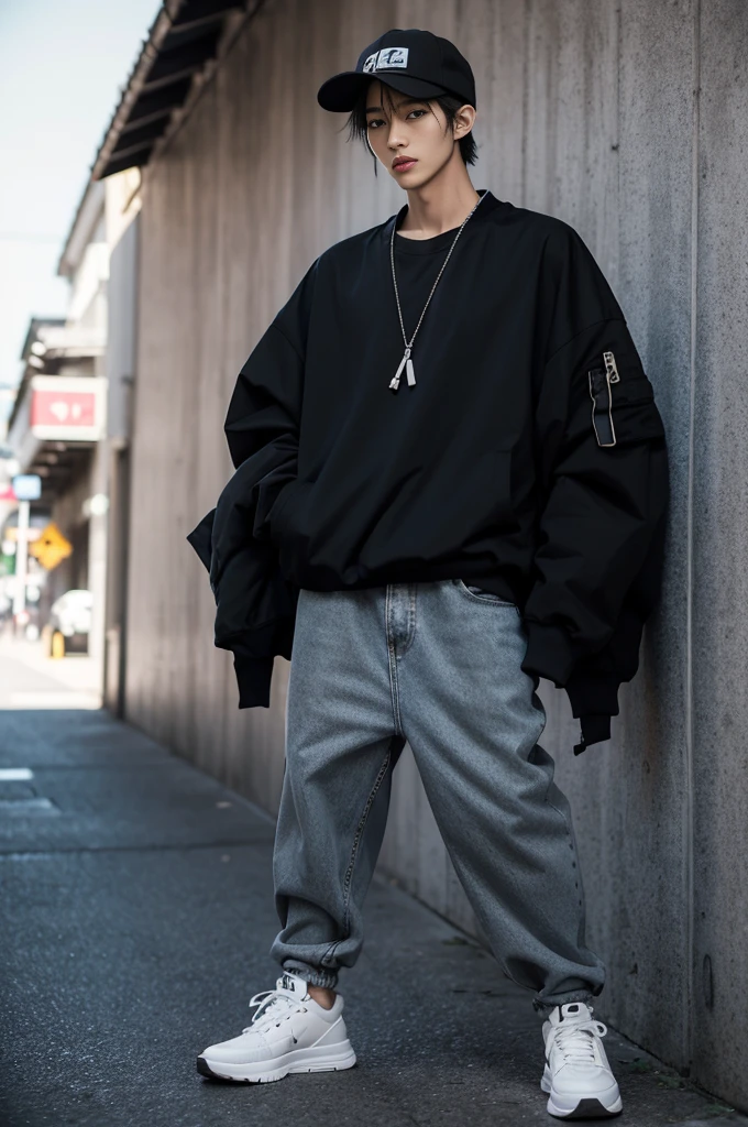 175cm tall and thin Japanese male,short black hair,Street style,Black printed T-shirt,Oversized black jeans(Long below the waist),Oversized gray bomber jacket,Black hat,Black high-top sneakers,Black backpack,Stylish style,Stand in the street,Mystery,Full of confidence,shadowed impression,A bit scary appearance,
