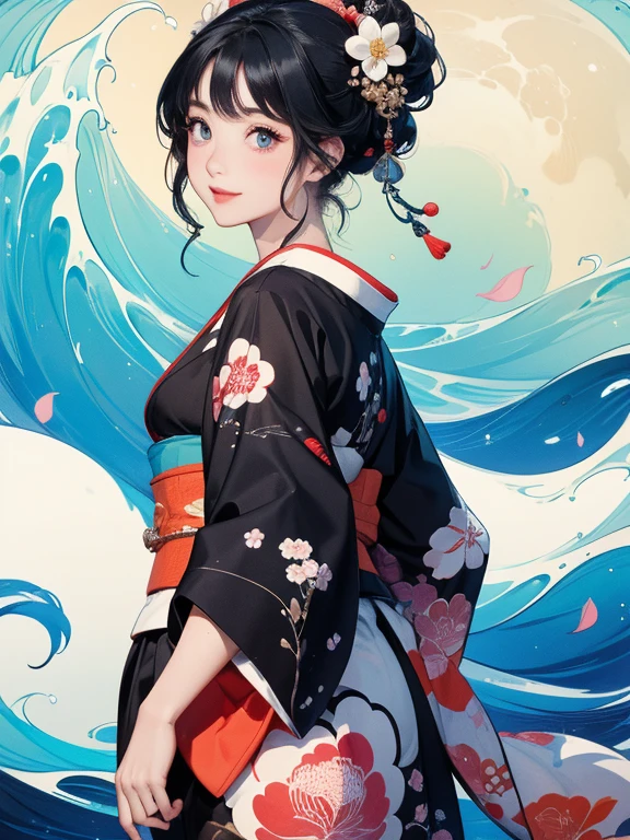 (Highest quality、masterpiece、High resolution、8K)、Ukiyo-e、Vibrant colors、Katsushika Hokusai、1 female、Black hair Japanese topknot、The kimono has a vivid floral pattern on a white background.、Official Art、背景はUkiyo-e風、White waves and Mt. Fuji、Flowers and Moon、White waves and the moon