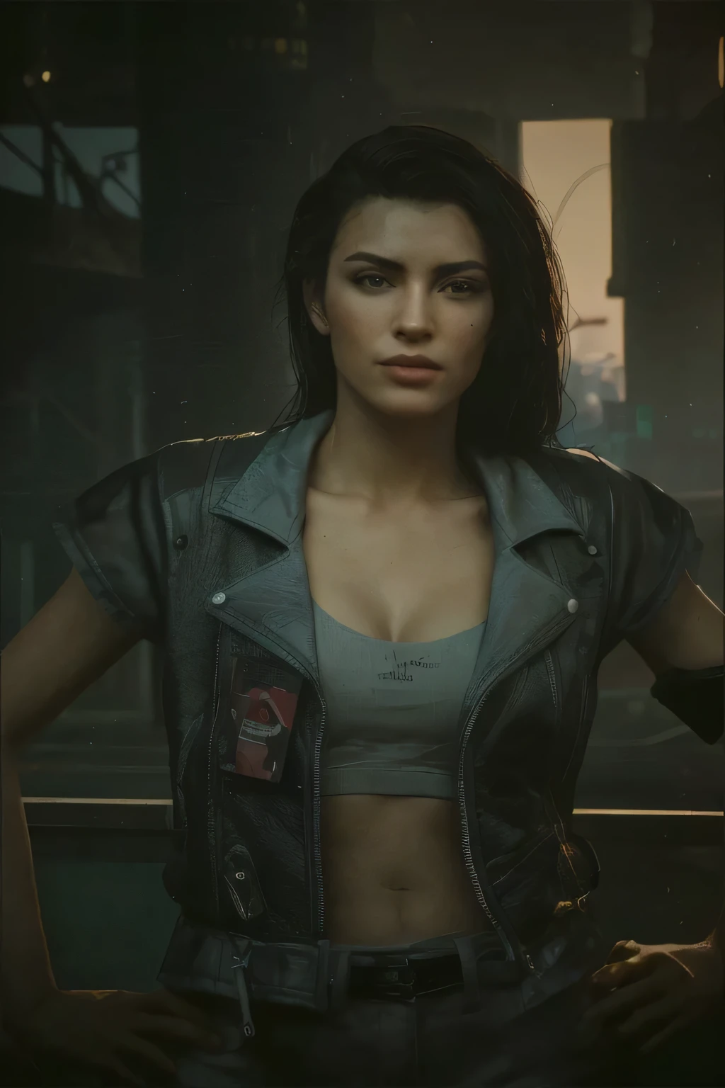 there is a woman in a leather jacket posing for a picture, wearing cyberpunk 2 0 7 7 jacket, cyberpunk judy alvarez, cyberpunk 2 0 7 7 character art, (cyberpunk 2077), in cyberpunk 2077, cyberpunk 2 0 y. o model girl, in cyberpunk 2 0 7 7 cp 2 0 7 7, cyberpunk art ultrarealistic 8k
