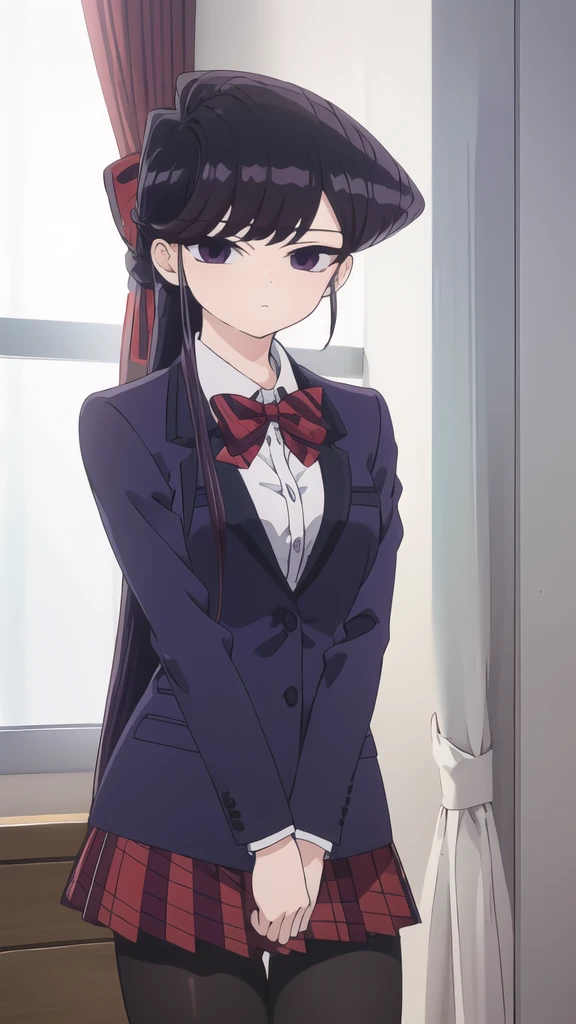 shokokomidef, purple hair, purple eyes, long hair,
absurdres, 1girl, looking at viewer, standing, v arms, pantyhose, classroom, upper body, , red skirt, red bow, blazer,
masterpiece, best quality,