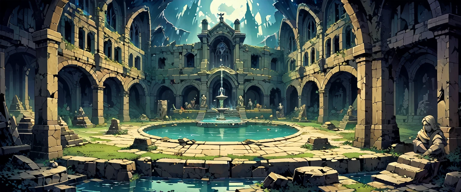 Remains of the Temple(Medieval European Temples)，There are huge broken walls around it，There is a lake in the atrium，There is a fountain in the middle of the lake，Broken statues and ruins are everywhere.，Background is night。Mid-ground composition，Panorama pictures，Scene screen，Game concept art style，Anime illustration style，HD，4K。