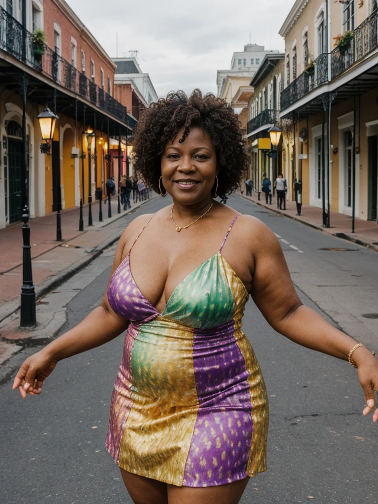 Roxanne Hancock, her name is Shaniqua, high quality, 1 old woman, ((50-year-old pear shaped body black woman)), ((50 years old)), (((pear shaped body 1.9))), ((thick thighs)), ((wrinkled body)), ((((old body)))), ((short curly hair)), (no make up), (she is wearing a colorful party dress), POSE: standing, BACKGROUND: outdoor: On the vibrant streets of New Orleans during Mardi Gras, a kaleidoscope of colors dances under the glow of flickering gas lamps."