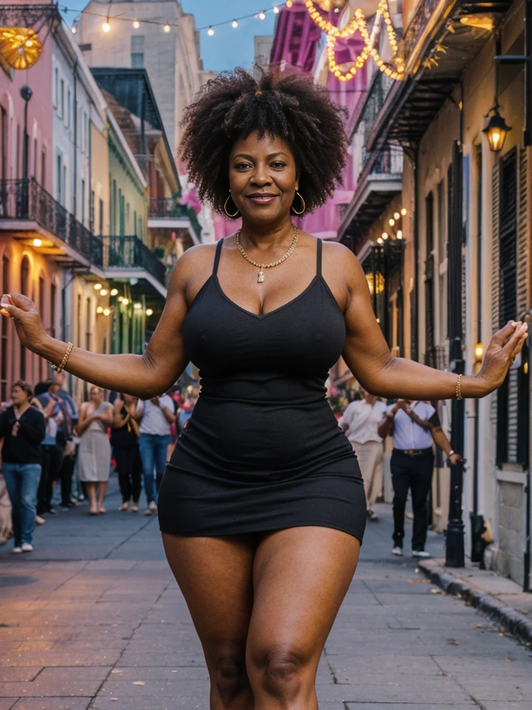 Roxanne Hancock, her name is Shaniqua, high quality, 1 old woman, ((50-year-old pear shaped body black woman)), ((50 years old)), (((pear shaped body 1.9))), ((thick thighs)), ((wrinkled body)), ((((old body)))), ((short curly hair)), (no make up), (she is wearing a colorful party dress), POSE: standing, BACKGROUND: outdoor: On the vibrant streets of New Orleans during Mardi Gras, a kaleidoscope of colors dances under the glow of flickering gas lamps."