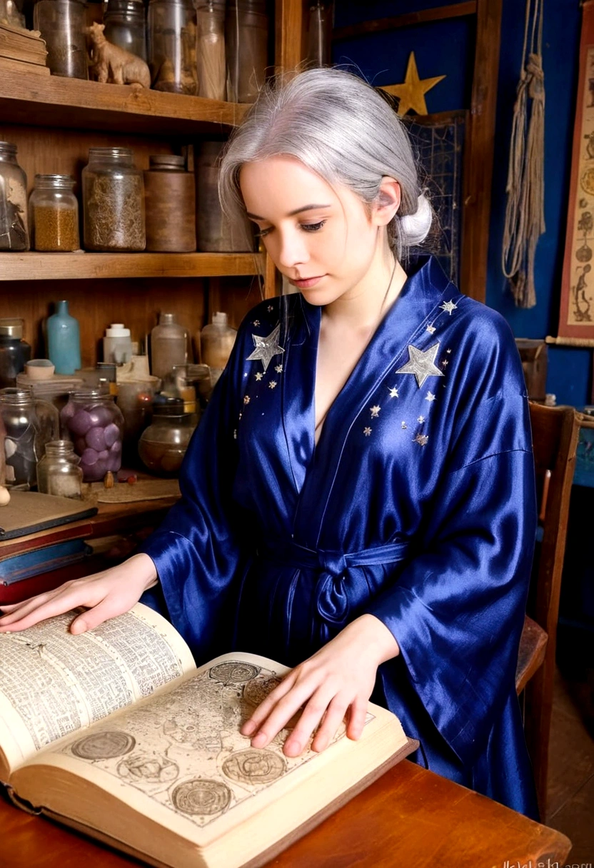 A cute young woman (gray haired) (mystical robes with intricate star designs) is in her workshop with many star observation tools and a huge tome of astrological signs before her
