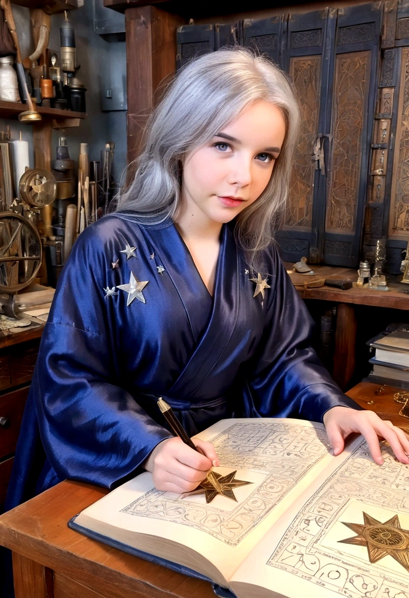 A cute young woman (gray haired) (mystical robes with intricate star designs) is in her workshop with many star observation tools and a huge tome of astrological signs before her
