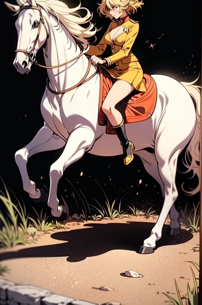 ((best quality)), ((anime masterpiece)), (high detailed), 8k, cinematic lighting, perfect face, large breast, cleavage, 1girl riding a WHITE HORSE, [pixie cut, (hairs between eyes), {blonde hair}], (sexy uniform, miniskirt, bare legs, black boots), [white horse, saddle, reins, bridle, stirups], solo, both hand holding rein, from side: 1.2, anatomically correct
