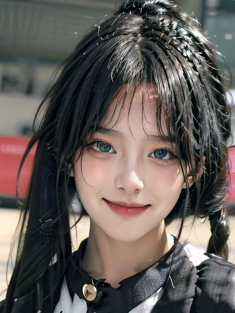 sweet girl with white skin, black eyes, black wavy hair with bangs, casual style clothes, anime blouse wearing cat ear headphones,black background, nothing in the background, looking straight ahead,black eye,realist,smile at camera,with hands up,as if celebrating,all body
