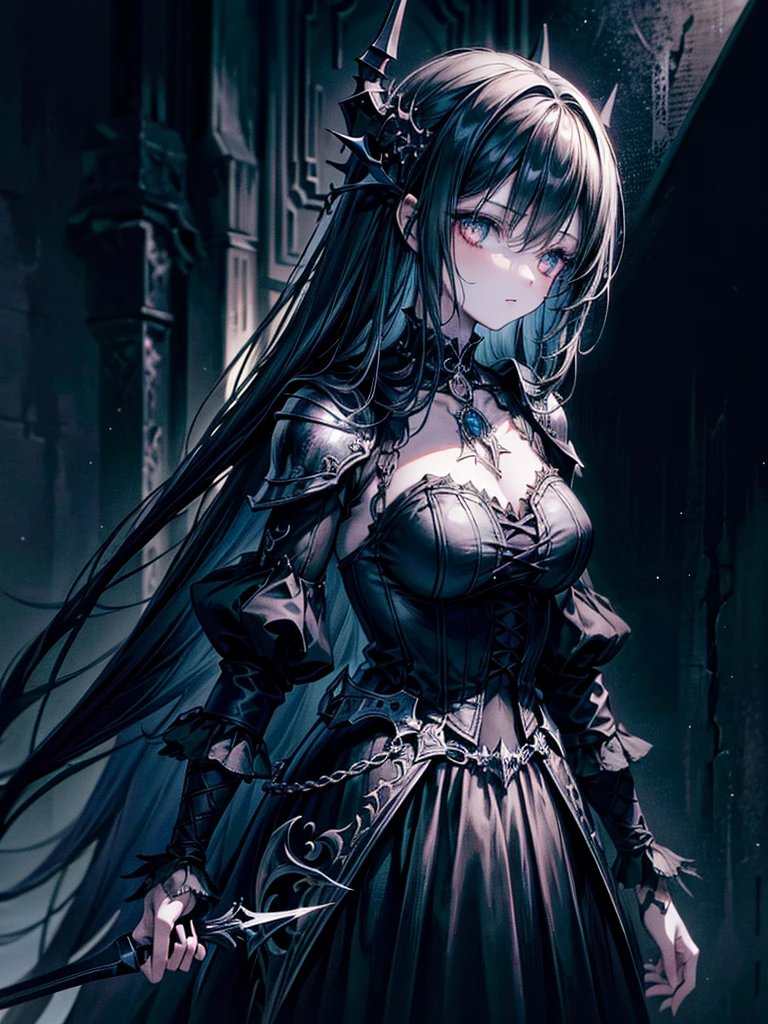 (a girl with) Aura-like gothic lighting, realistic Gothic-style artwork, detailed skeleton impaling itself with a sword in the neck, dark atmospheric background, high-res masterpiece:1.2, ultra-fine painting, professional, vivid colors