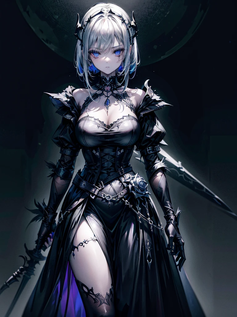(a girl with) Aura-like gothic lighting, realistic Gothic-style artwork, detailed skeleton impaling itself with a sword in the neck, dark atmospheric background, high-res masterpiece:1.2, ultra-fine painting, professional, vivid colors