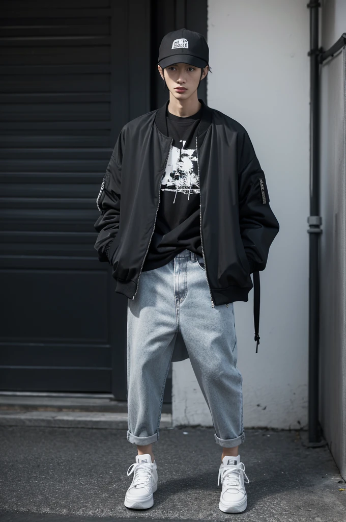 175cm tall and thin Japanese male,short black hair,Street style,Black printed T-shirt,black jeans(Long below the waist),Oversized gray bomber jacket,Black hat,Black high-top sneakers,Black backpack,Stylish style,Stand in the street,Mystery,Full of confidence,shadowed impression,A bit scary appearance,
