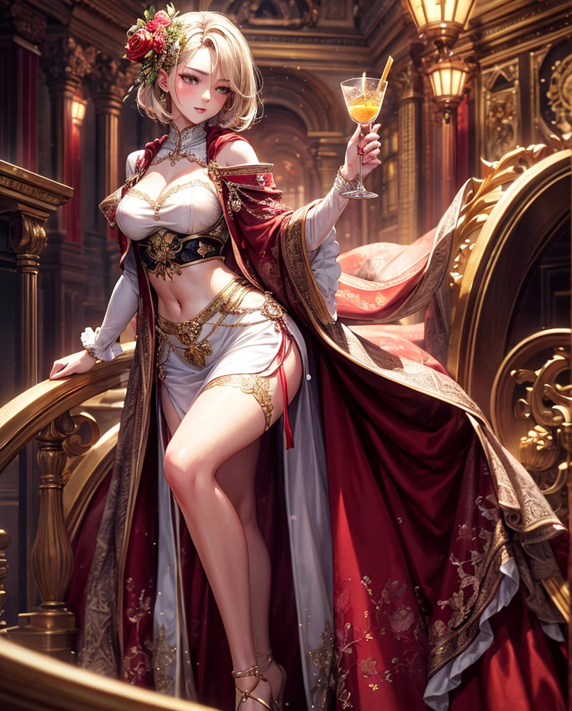 Photorealistic, Best Quality, hight resolution, Attention to detail, She is wearing a fancy white skirt on a random background, Constricted waist,hourglass figure, Blonde Woman, Long legs, Very short hair, Sexy, Blushing face, Sensual Pose, Perfect white skin