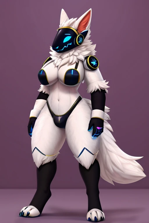 Kindred, blue eyes, black mask, mature woman, overly saggy breasts, (small penis:1.2), (uncut penis), white foreskin, white penis, blue glans, standing, by buta99, by chunie, full body view