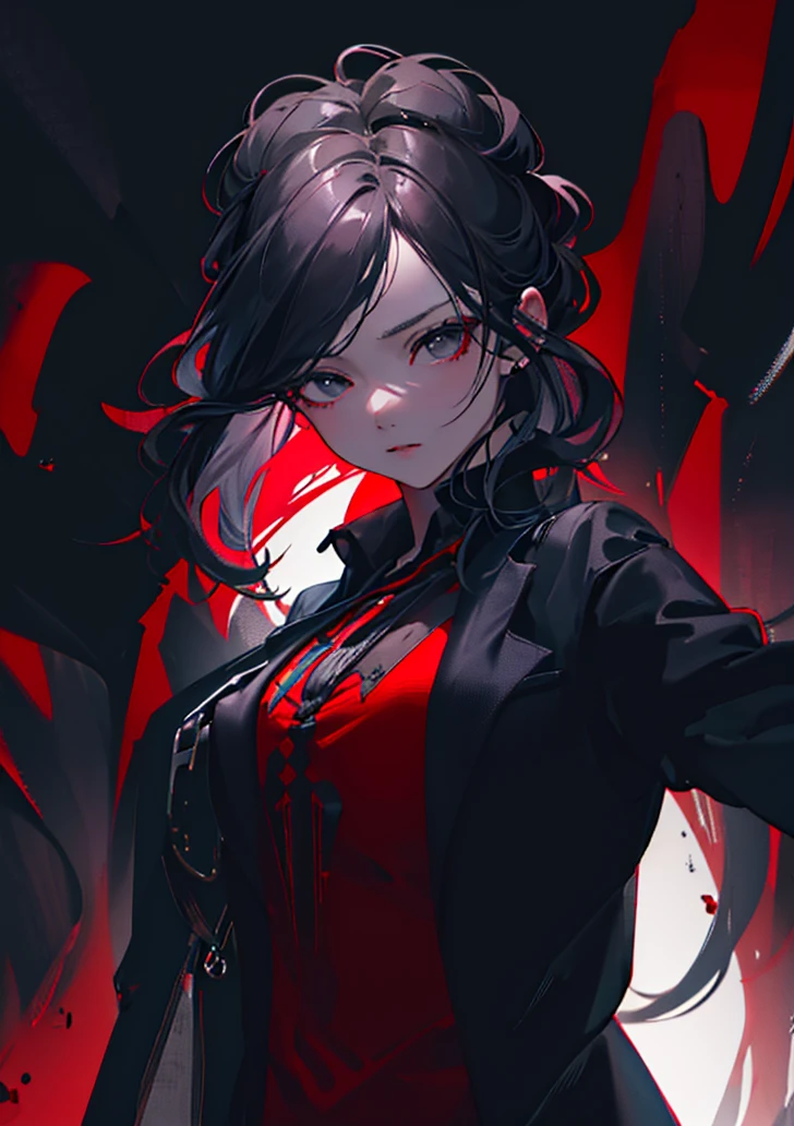 beautiful woman in business suit, long black hair, black eyes, looking at viewer, red background with details supernatural, macabre, supernatural creatures, intricate details, hyperrealistic, 8k, octane render, chiaroscuro lighting, cinematic composition, dramatic atmosphere, digital art