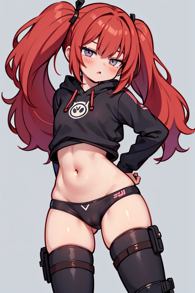 A cute and skinny young adult girl with big leather boots, very very tight bike shorts and a croptop hoodie. (ultra detailed) (ultra realism) Hands on butt, posing, sexy girl, cute girl, twintails, long hair, red haired, lewd, naughty eyes, visible crotch, cameltoe, solo girl, all alone, perfect body, perfect hip, skinny girl, sem roupa