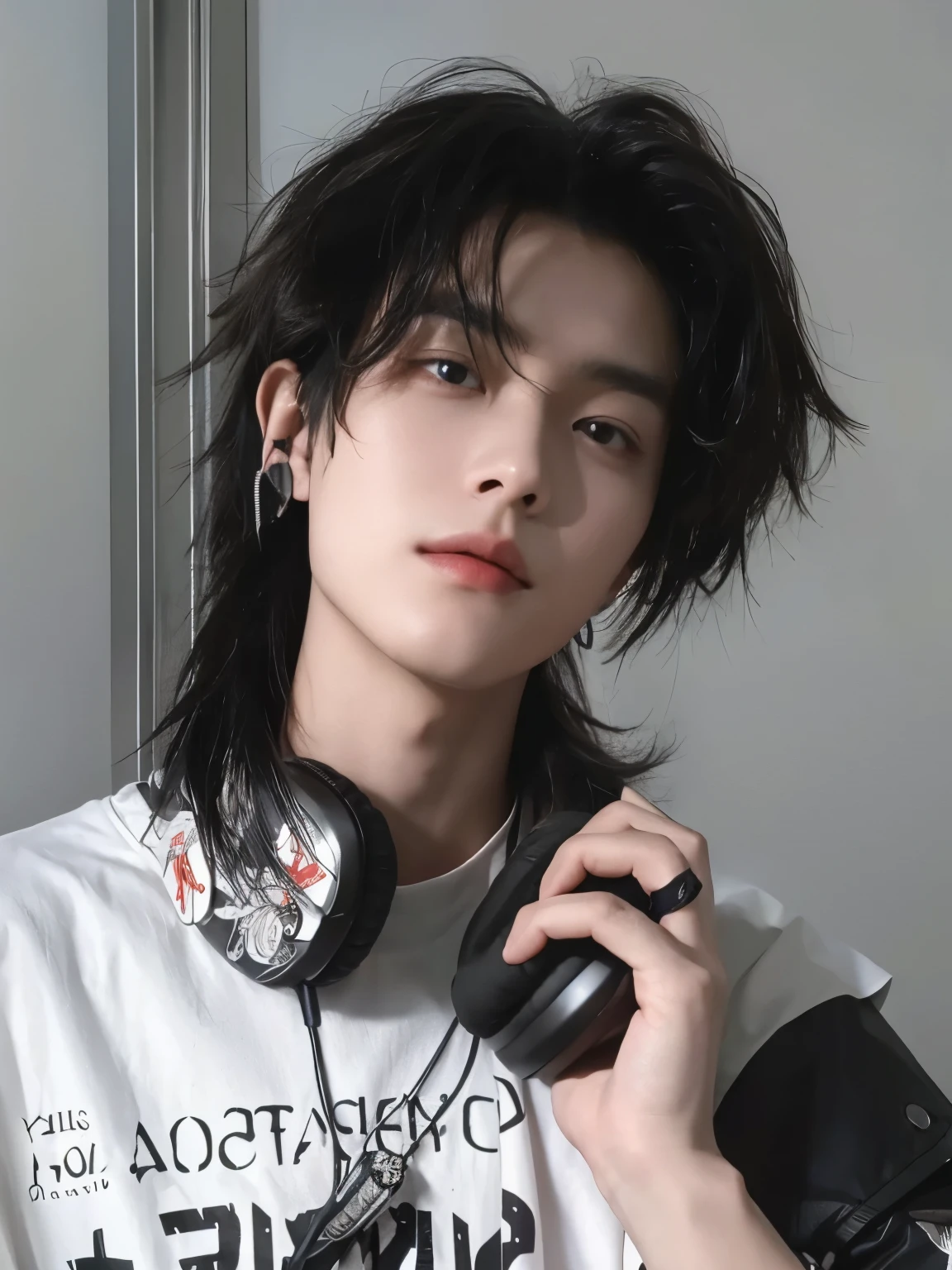 masterpiece,Best quality,Wearing headphones around his neck,A boy with black hair,Flowing hair,Bangs,,Exquisite facial features,22 years old,Chinese boy,