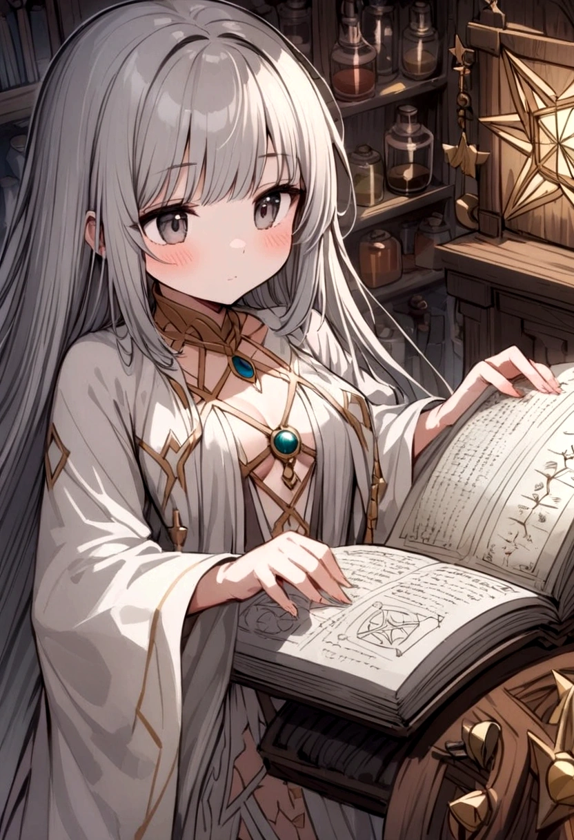 A cute young woman (gray haired) (mystical robes with intricate star designs) is in her workshop with many star observation tools and a huge tome of astrological signs before her
