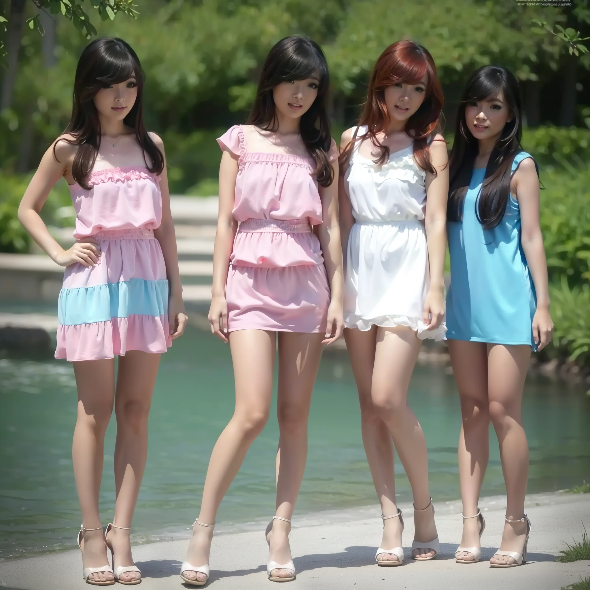 A beautiful 4 girls in pink blue aqua and red tight mini house dress, wearing bikini g-string, full body, with female friends, bobbed long hair, bangs hairstyle, high heels, little smile, standing,(best quality,4k,8k,highres,masterpiece:1.2),ultra-detailed,(realistic,photorealistic,photo-realistic:1.37),vivid colors,high fashion,glamour,portrait,fashion,beauty