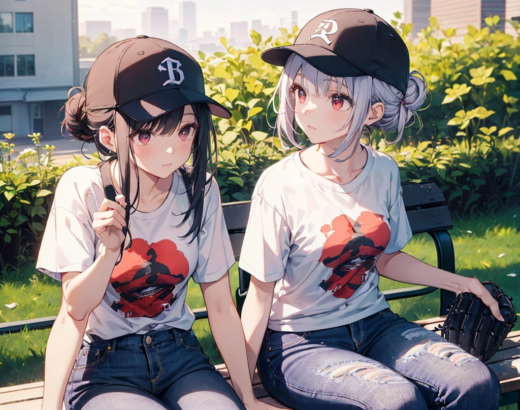 (Close-up:1.3),Realistic,Highest quality, Super detailed, High-quality CG rendering, The most delicate and beautiful, Floating softly, High resolution, (1 girl), (Highest quality,4K,8K,masterpiece:1.2), Light purple hair,(Hair in a bun:1.5),Red eyes,(Pure white oversized short sleeve T-shirt:1.3),(Black skinny jeans:1.3),(Pure white baseball cap:1.3),In the city,old buildings,(Sitting on a bench:1.4)
