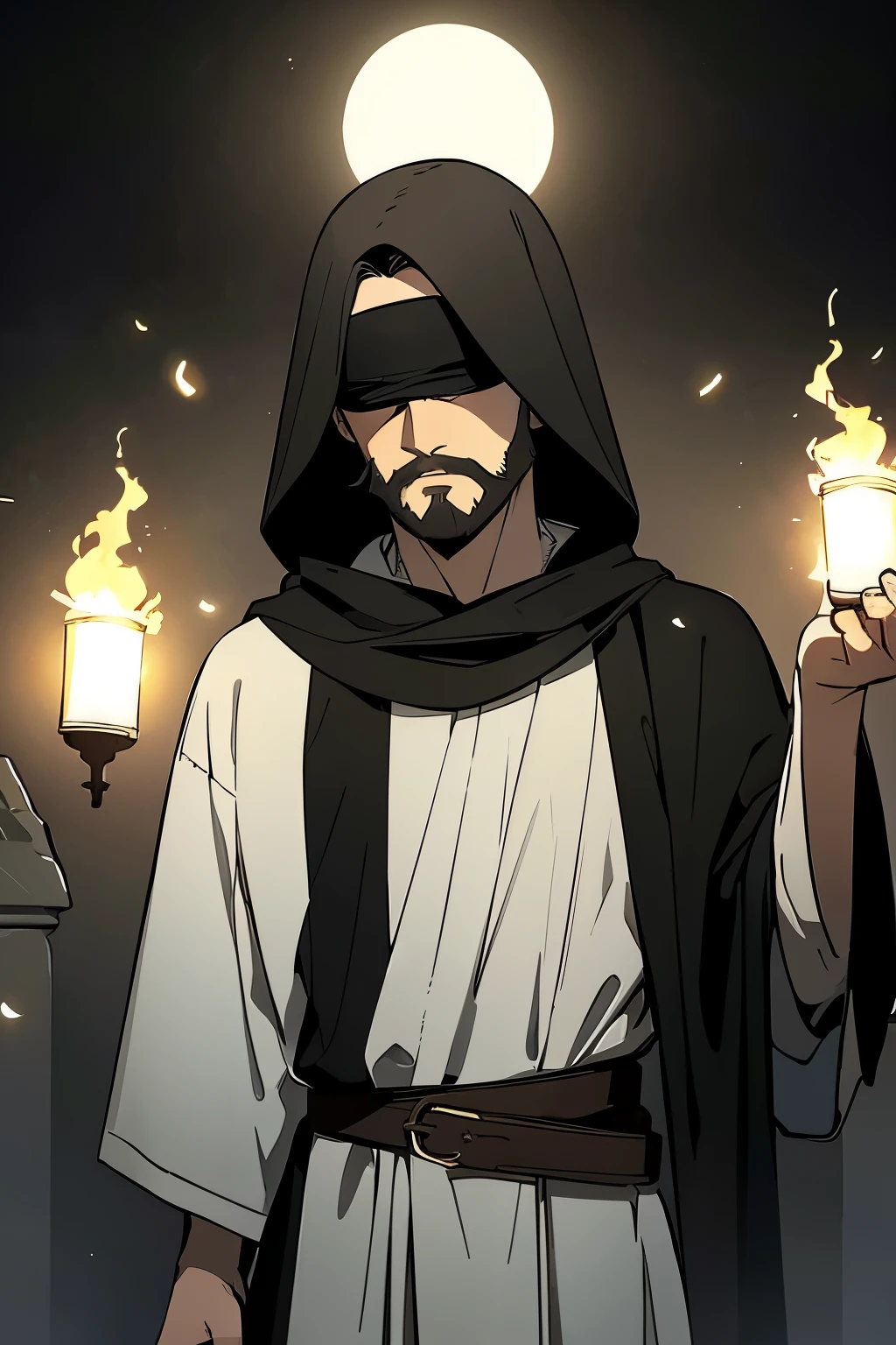 (high-quality, breathtaking),(expressive eyes, perfect face) portrait, Symmetrical Eyes, 1boy, male, solo, adult age, brown hair, cover eyes, bandages, short hair, curly hair, black background, rock floor, eerie haunting lighting, green fireflies, heavy looming fog, hooded black cloak, greek tunic, thin belt, Greek Underworld background, Greek Prophet, fantasy blindfold, Ancient Greek clothing, beard, light facial hair