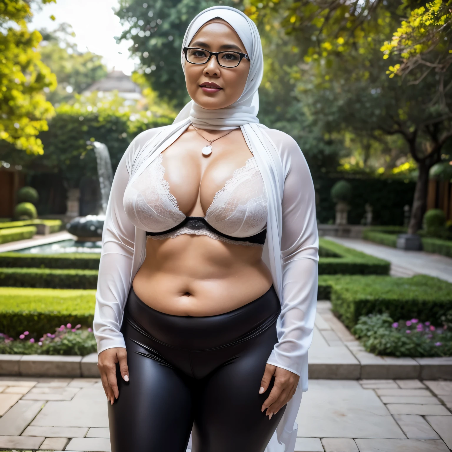 55 Years old, ((Nerd Indonesian mature woman)), wearing Wide Hijab, (PAWG : 1.2), (BBW : 1.2), Oily White Like Porcelain Skin, perfect Six pack abs : 1.3, natural Massive Extra Huge breast : 156.9, (Black Sensual Lipstick), gorgeous eyes, Soft smile, wear a red lace bra and a tight transparent legging, necklace, Alluring Face, Erotic pose, DayTime walk, City garden, Excellent lighting, Light colors, Clean lines
