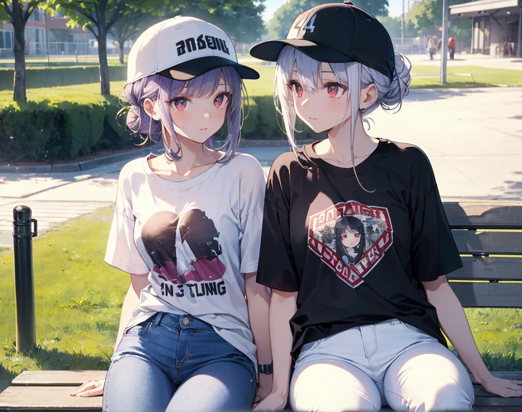 (Close-up:1.3),Realistic,Highest quality, Super detailed, High-quality CG rendering, The most delicate and beautiful, Floating softly, High resolution, (1 girl), (Highest quality,4K,8K,masterpiece:1.2), Light purple hair,(Hair in a bun:1.5),Red eyes,(Pure white oversized short sleeve T-shirt:1.3),(Black skinny jeans:1.3),(Pure white baseball cap:1.3),In the city,old buildings,(Sitting on a bench:1.4)