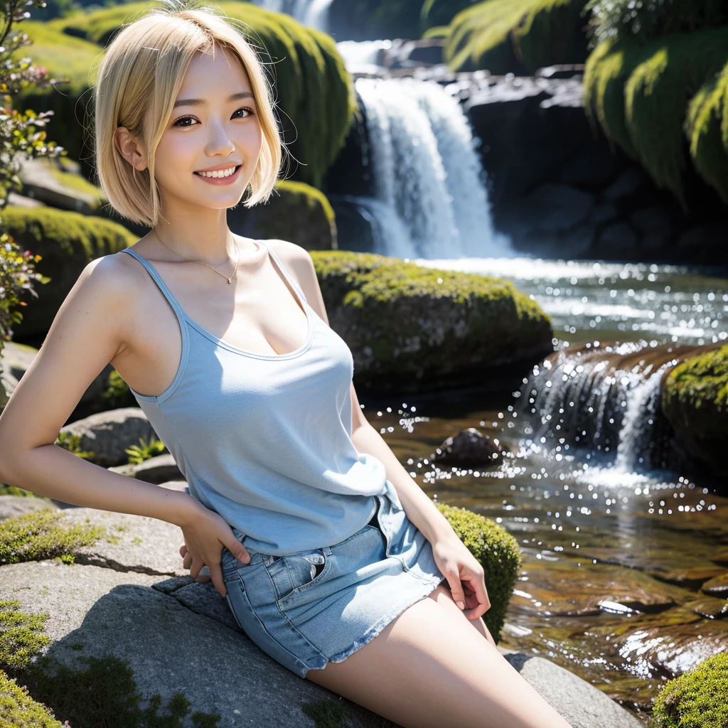 Highest quality,a girl, one girl,solo focus,raw photo,bloom,4K,8K,Realistic,full body,Japanese women,一人のJapanese women,Age 25,Clear,kind,Beautiful eyes,smile,smile,teeth,short blonde hair,Large Breasts,healthy,positive,Very detailed,Casual Style,Mountain background,waterfall,one girl