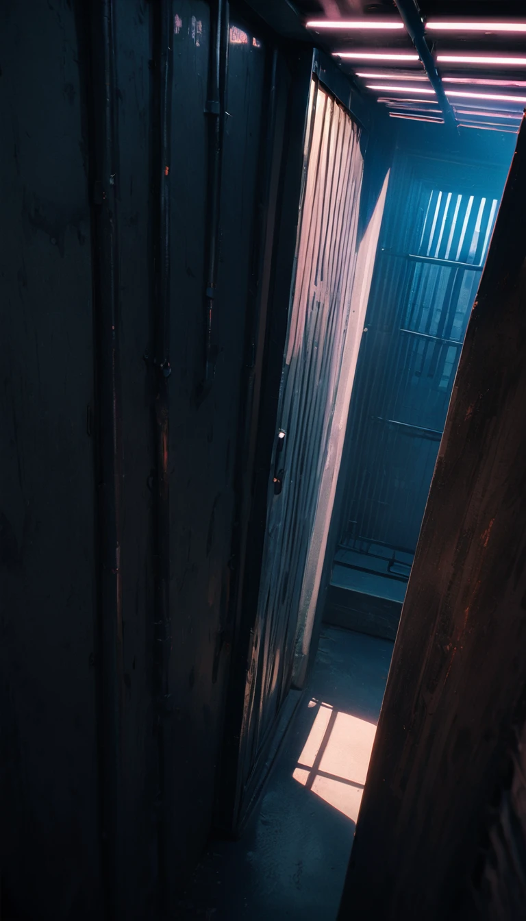 (8K, RAW photos, best quality, masterpiece: 1.4), (((Dark closed cell))),Ultra-high resolution, Extremely detailed, Dim Lights, Close-up of the high-tech prison door, High-quality shadows, Natural Lighting, (White highlights:1.2), night, cloudy day, (Dark prison cell:1.2), (Metal walls all around:1.2)