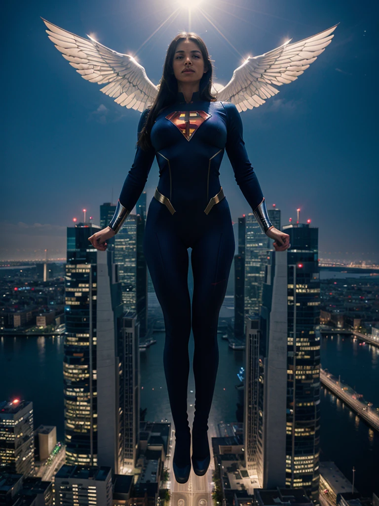 A mystical superhero floating in the sky over a modern city; realistic photography; highly detailed;