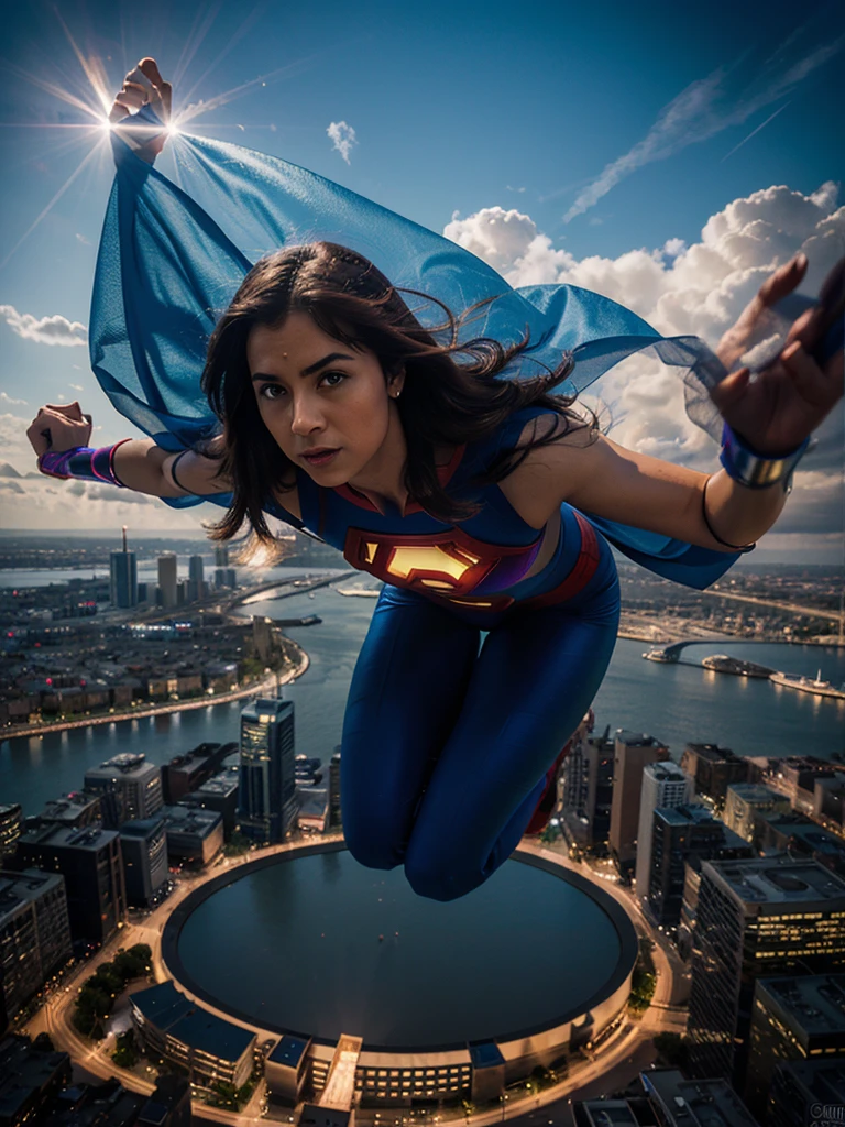 A mystical superhero floating in the sky over a modern city; realistic photography; highly detailed; 