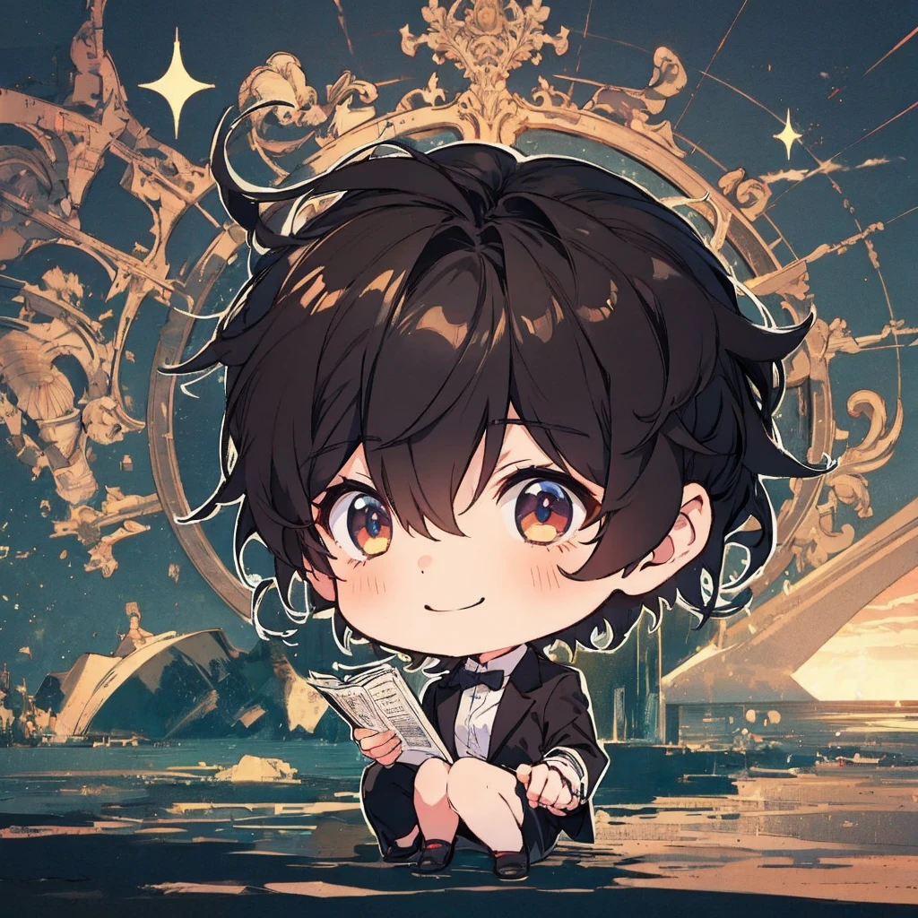 best quality , man , reading , chibi anime man , smile , black hair , suit , solo