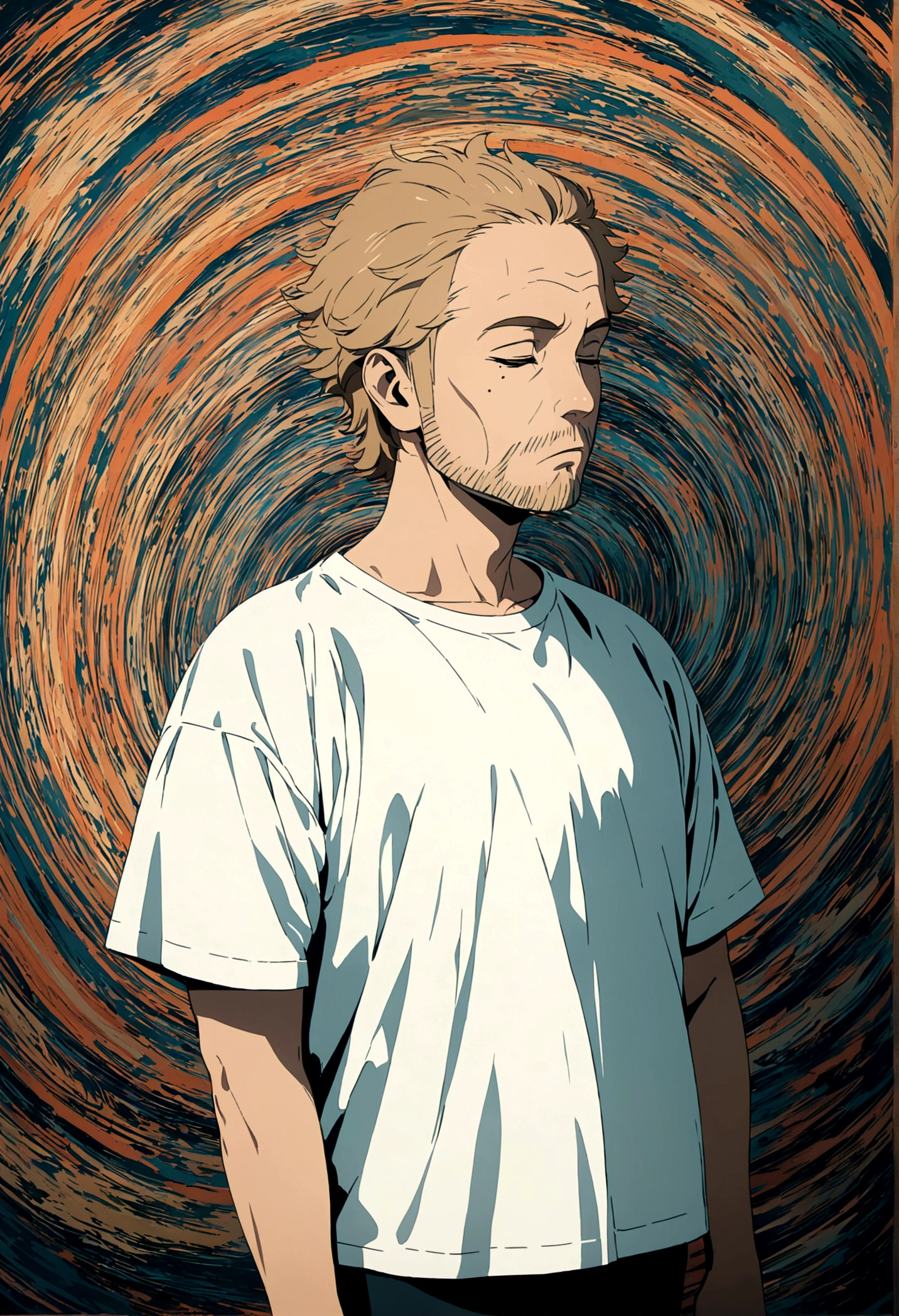 middle-aged man, short hair, estilo anime, light brown hair, mole under eye, sleepy, facial hair, forehead, cowboy shot, Conceptual art, Op art, anime, masterpiece, accurate, 1080P, 4K