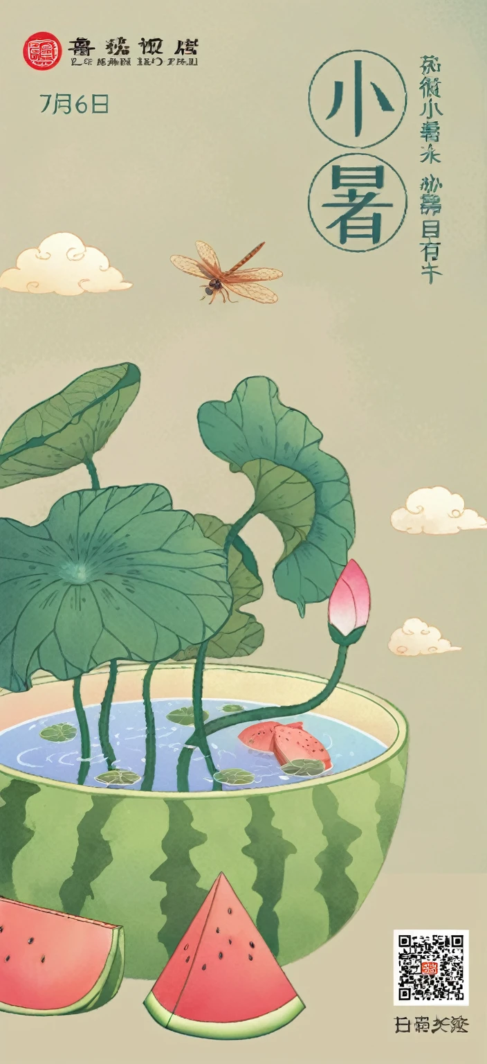There is a poster,There is a watermelon and a dragonfly inside, A beautiful artistic illustration, Lotus Pond, Mei Qing, author:Toth Wu, author:Li Song, by Sheng Maoye, author:Golden Farmer, author:Xia Gui, Yu Zhiding, Tranquility illustration, author:Yi Yinwen, by Li Tiefu, author:Pricewaterhouse, author:Helen huang