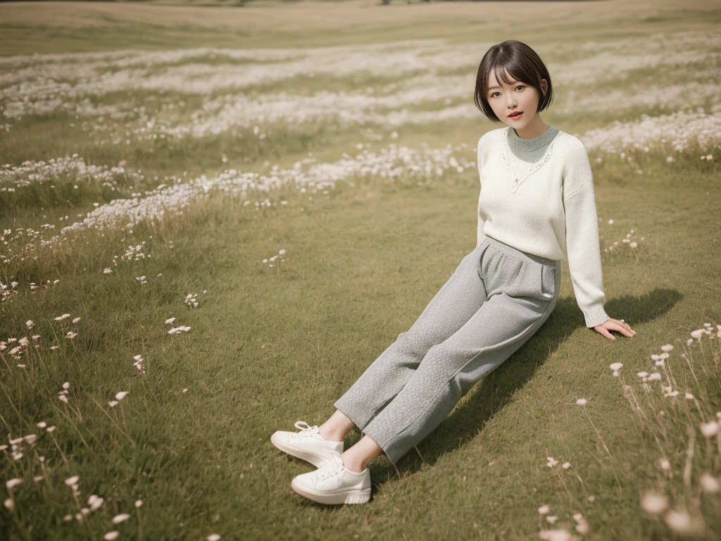 grassland,rosette,Girl sitting on the grass,flower ring,8K, best quality, realistic, very detailed,distance, Full Body Sbian,Wearing high-quality knits and pants, 36 year old woman, cut hair blowing in the wind